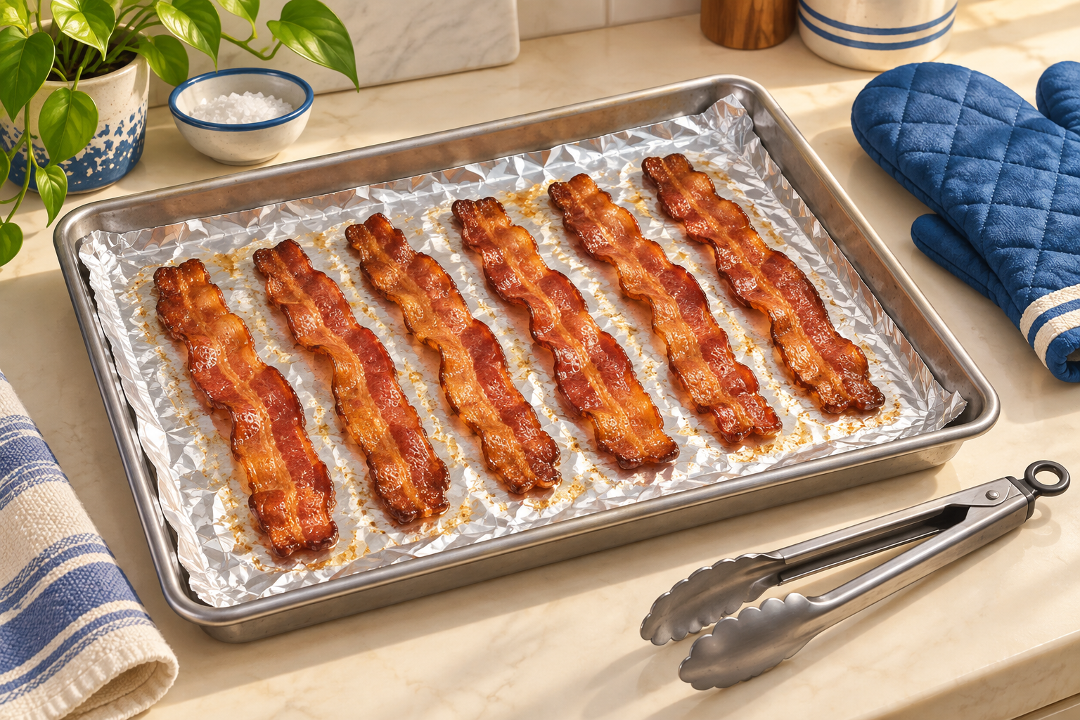 Cooked bacon in one layer on a foil-lined rimmed baking sheet with blue oven mitts and tongs.
